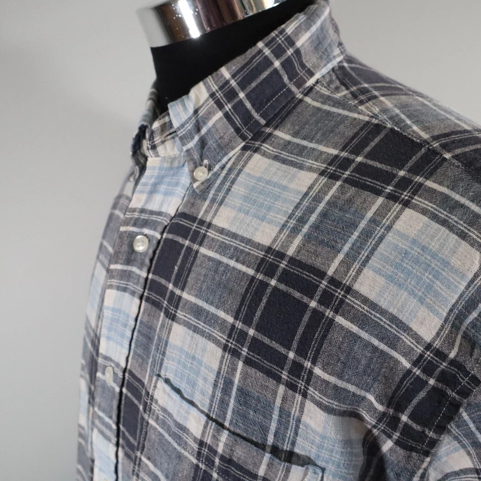 Camisa Massini Para Hombres XL Mezcla de Lino Informal Bolsillo Botón A Cuadros Manga Corta Foto 2 de 4