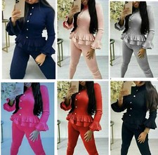 Womens Loungewear Tracksuit Suit Set Ladies Fine Ribbed Frill Peplum Gold Button