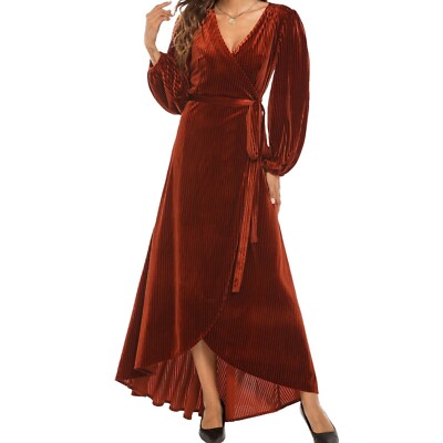 ZEYIXUAN Caramel Stretch Ribbed Velvet Long Sleeve Wrap Dress Midi Maxi S  NWTs