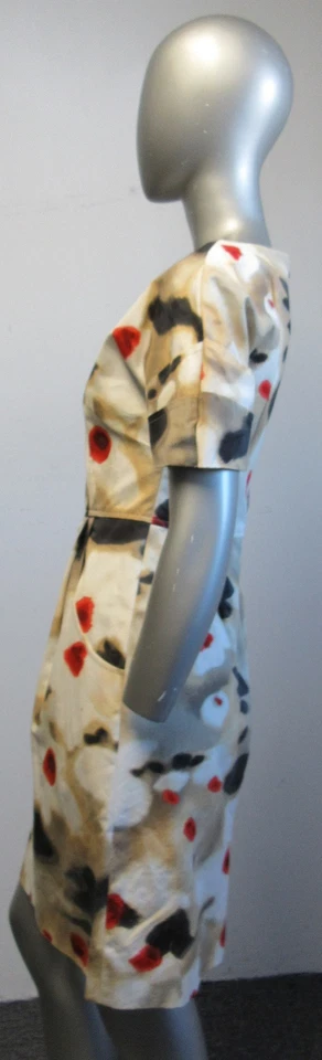 Vestido de manga curta floral LELA ROSE algodão bege preto vermelho marfim gola V tamanho 4 - Imagem 4 de 4