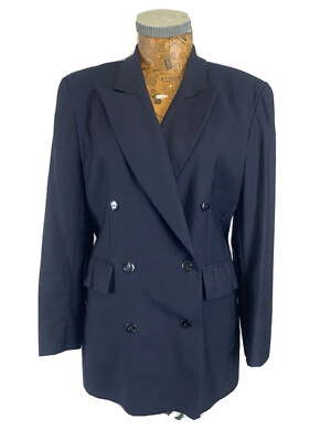 LAURA ASHLEY BLAZER JACKET 10 NAVY BLUE Pure Wool Double Breast Midi Long  Casual UK