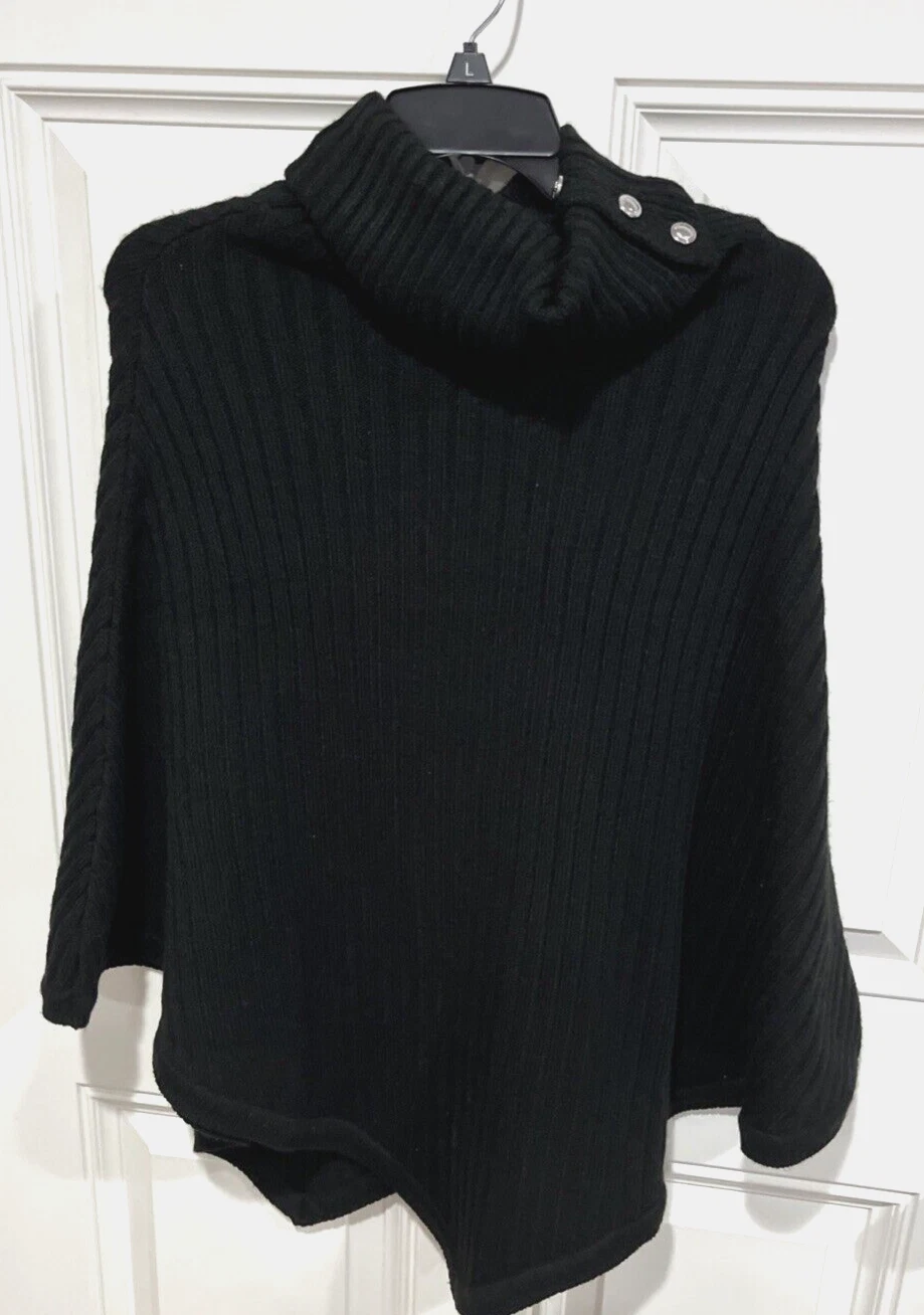 Michael Kors women's Wide Rib Button Turtleneck Poncho - Black - retail $128