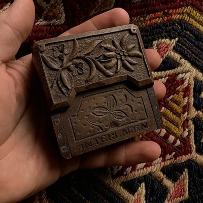 Antique Wood Pocket Watch Case Box Stand Switzerland Bern Edelweiss Black Forest