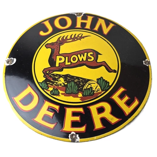Vintage John Deere Plows Porcelain Sign - Leaping Deer Logo Sign