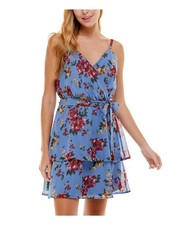 CRYSTAL DOLLS Womens Blue Tiered Spaghetti Strap Short Dress S