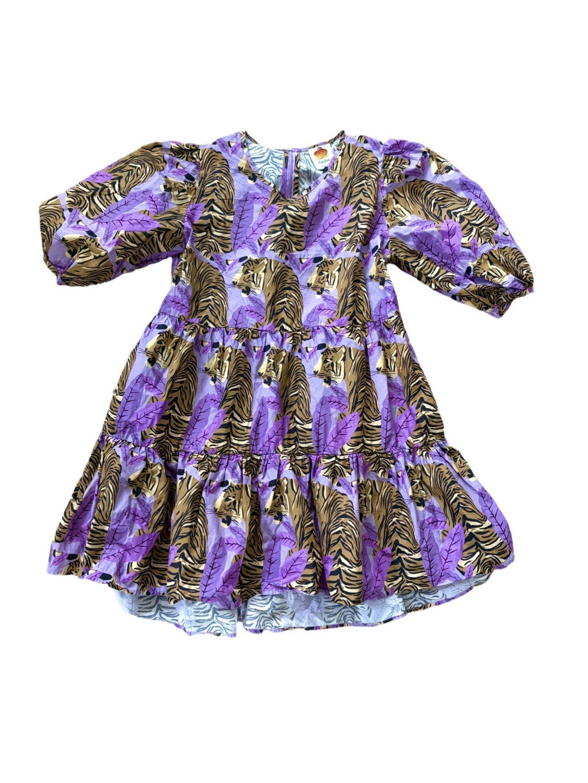 Farm Rio Tiger Jungle Tiered Midi Dress Purple Orange Size Large Puff Sleeve