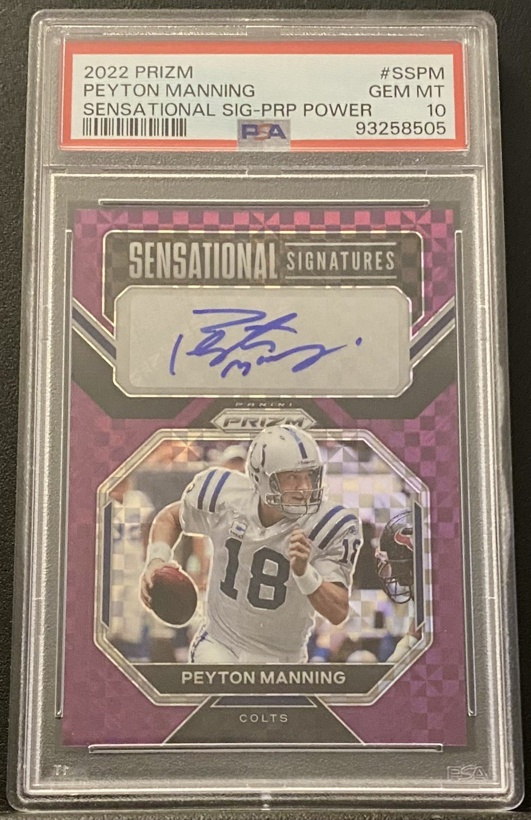 2022 Panini Prizm Peyton Manning Sensational Signatures Purple Power #2/5 PSA 10