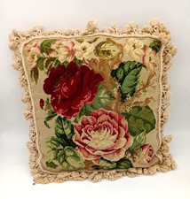 Vtg Needlepoint Rose Bouquet Flower Pillow Iv...