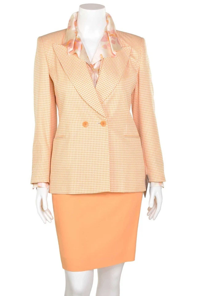 Chaqueta, falda y pantalón traje Escada 3 piezas melón naranja/blanco mini cuadros talla 8/10 38/40 Foto 3 de 4