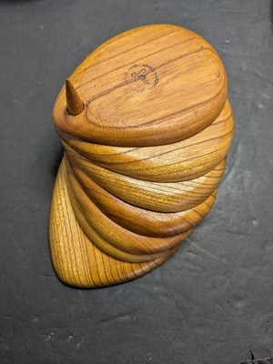 Vtg. Mid Century 7 Pcs Serve Hand Carved Hardwood Teardrop Coasters Cork & Holde