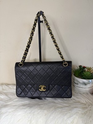 Vintage Authentic Chanel Classic Double Flap Black Caviar Leather bag 