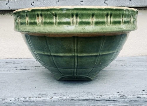Antique McCoy Yellowware Green Glazed  Window Pane #9 Bowl #4 9.5 Inches