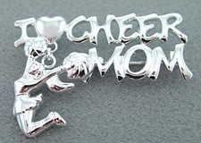 I Love Cheer Mom Silver Pin/Necklace with Jumping Cheerleader Charm - 2 in
