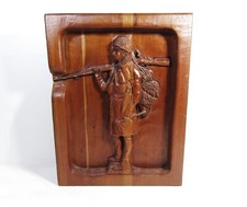 Vintage Hand-Carved Wooden Relief of Cliff Dwellings Signed PRM 21 x 12