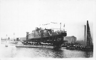 J70/ Ship Interesting RPPC Postcard c1920s Ship Launch Crowd 439