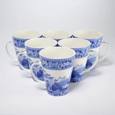 Spode Milk Maid Blue Room White Ceramic Cows Floral Coffee Mugs 6pc Lot 4.5"h