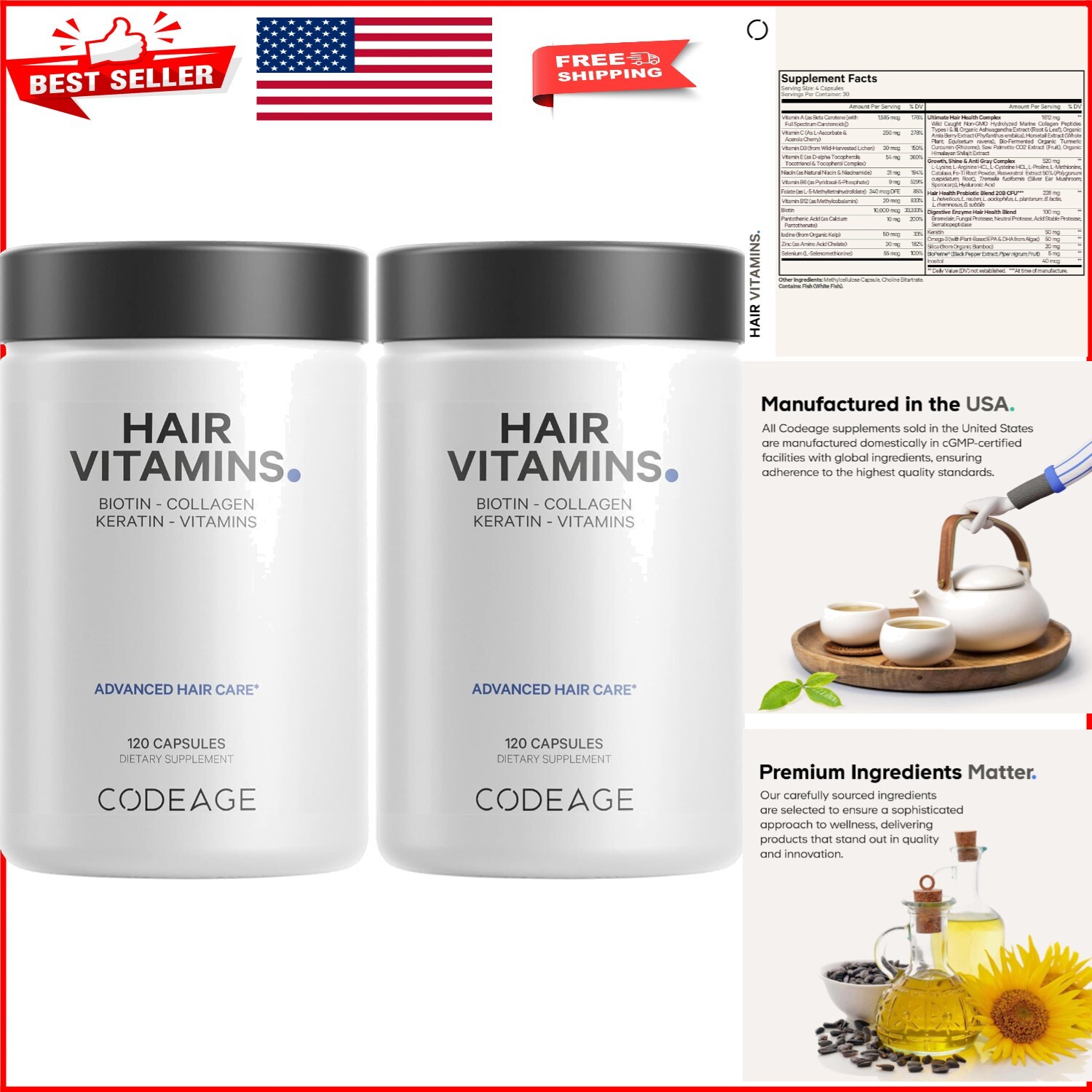 Comprehensive Hair Care Capsules with Biotin, Turmeric & Probiotics - 120 Caps