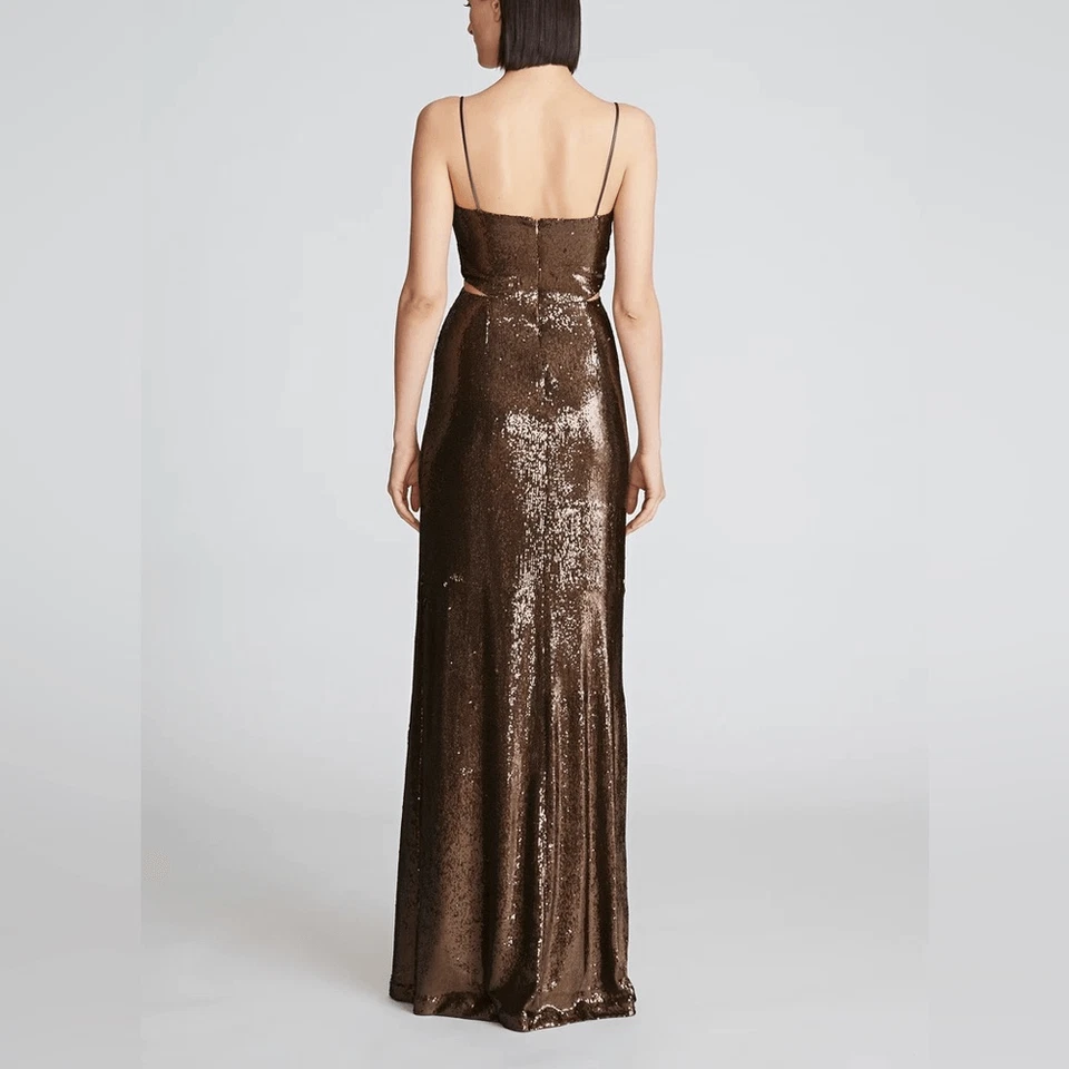 Maxi Vestido Halston Para Mujer Talla 10 Marrón Chloe Lentejuelas Correa Espagueti Cuello en V Foto 2 de 4