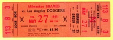 *MINT FULL TICKET-5/27/65 DODGERS/BRAVES-HANK AARON 3 HITS/JOHNNY PODRES WINS