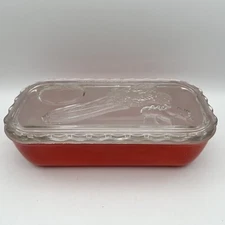 Vintage Jeanette Glass Red Refrigerator Dish Rectangle Scalloped Edge Lid MCM 