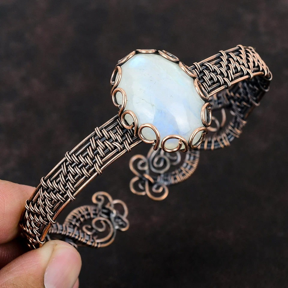 Rainbow Moonstone Wire Wrapped Adjustable Bangle Handcrafted Copper Gift - Image 2 of 4