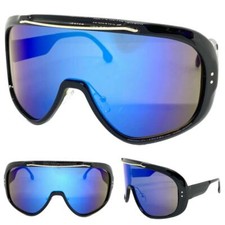 OVERSIZED EXAGGERATED Modern Retro Shield SUNGLASSES Large Black Frame Blue Lens