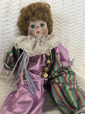 Vintage Porcelain Girl Clown Doll Music Box  16'' Richard Green Noble Art Jester