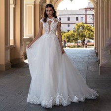 High Neck Lace Wedding Dress Cap Sleeve Appliques Buttons Back Pleat Bridal Gown