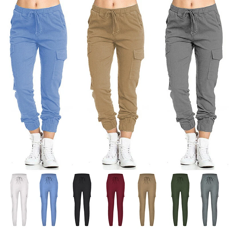 Womens Casual Pocket Combat Cargo Trousers High Waist Joggers Long Pants Comfort