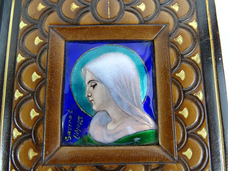 1900 UNIQUE Antique Missal Virgo Mary Porcelain PAINTING Christian Bible Art - Image 2 of 4