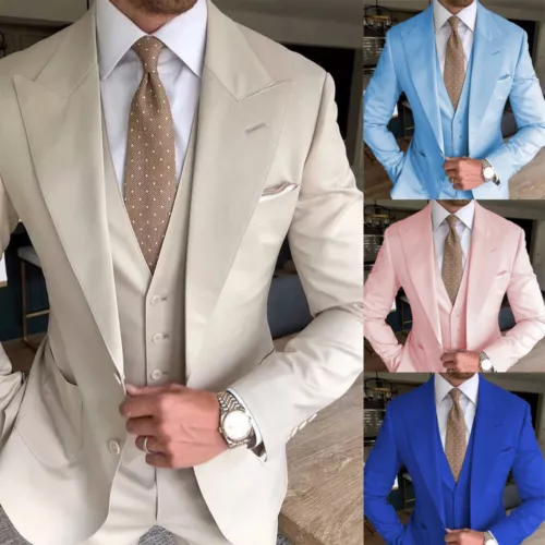 Business 3Pcs Men's Suits Lapel Slim Fit Jacket Wedding Groom Blazer Tuxedo - Foto 1 di 27