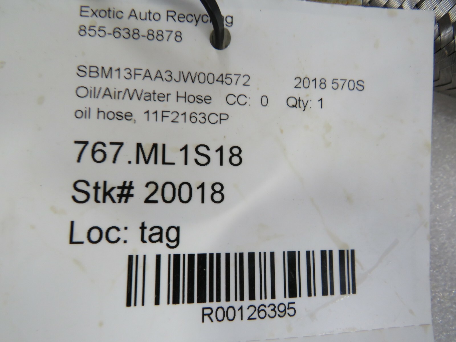 Mclaren 570s, Oil Hose, Used, P/N 11F2163CP