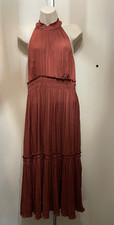 Anthropologie Tiered Halter Midi Dress Smock Pleated Ruffled Copper Brown Siz 10