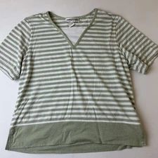 Cathy Daniels Shirt Womens Large Green White Striped V Neck Short Sleeve Casual