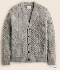 J.Crew Mens Cardigan Sweater Large Cable Knit Merino Wool Gray Donegal NWT