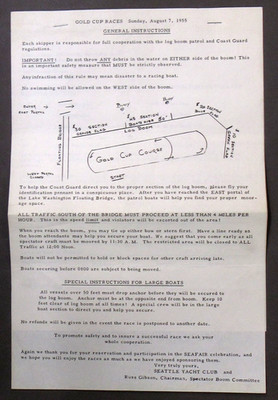 rare 1955 GOLD CUP RACES Seattle APPLICATION for Log Boom hook up