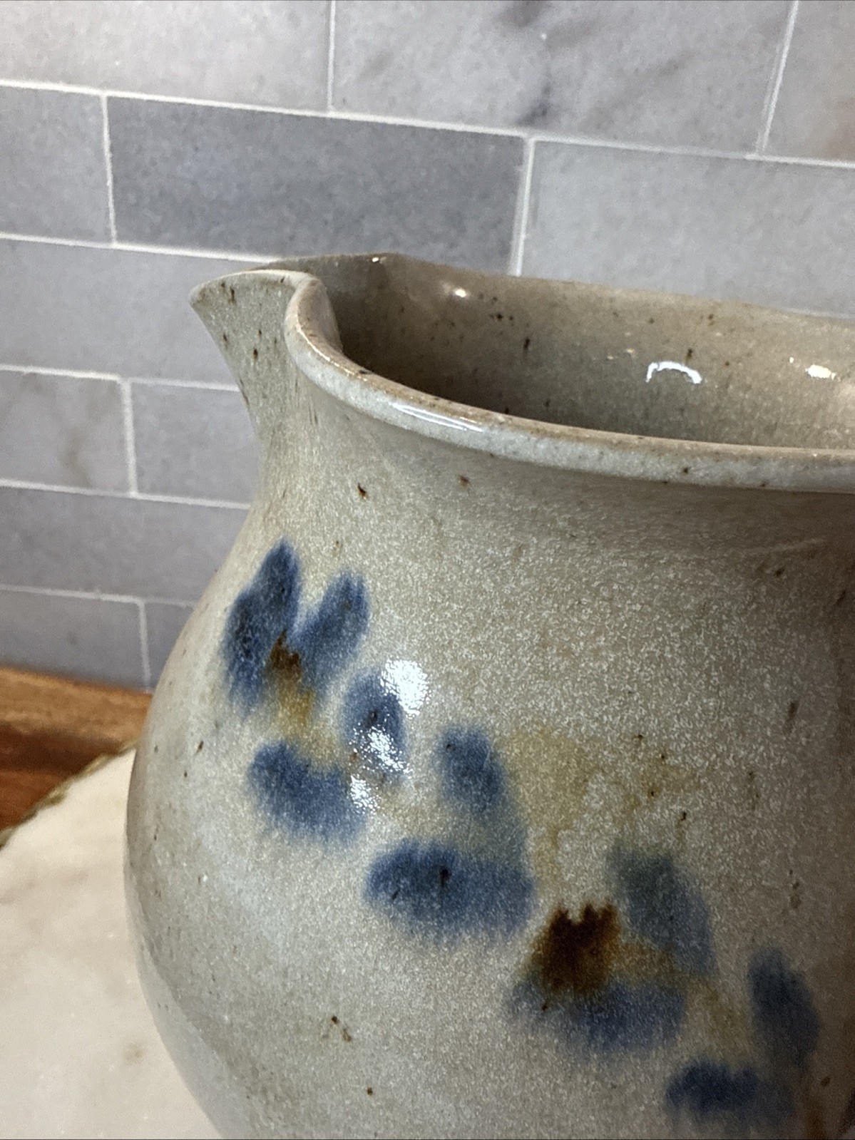 Jugtown Ware Pottery Pitcher or Blue Flower Decoration Stamped 6.5” *little chip