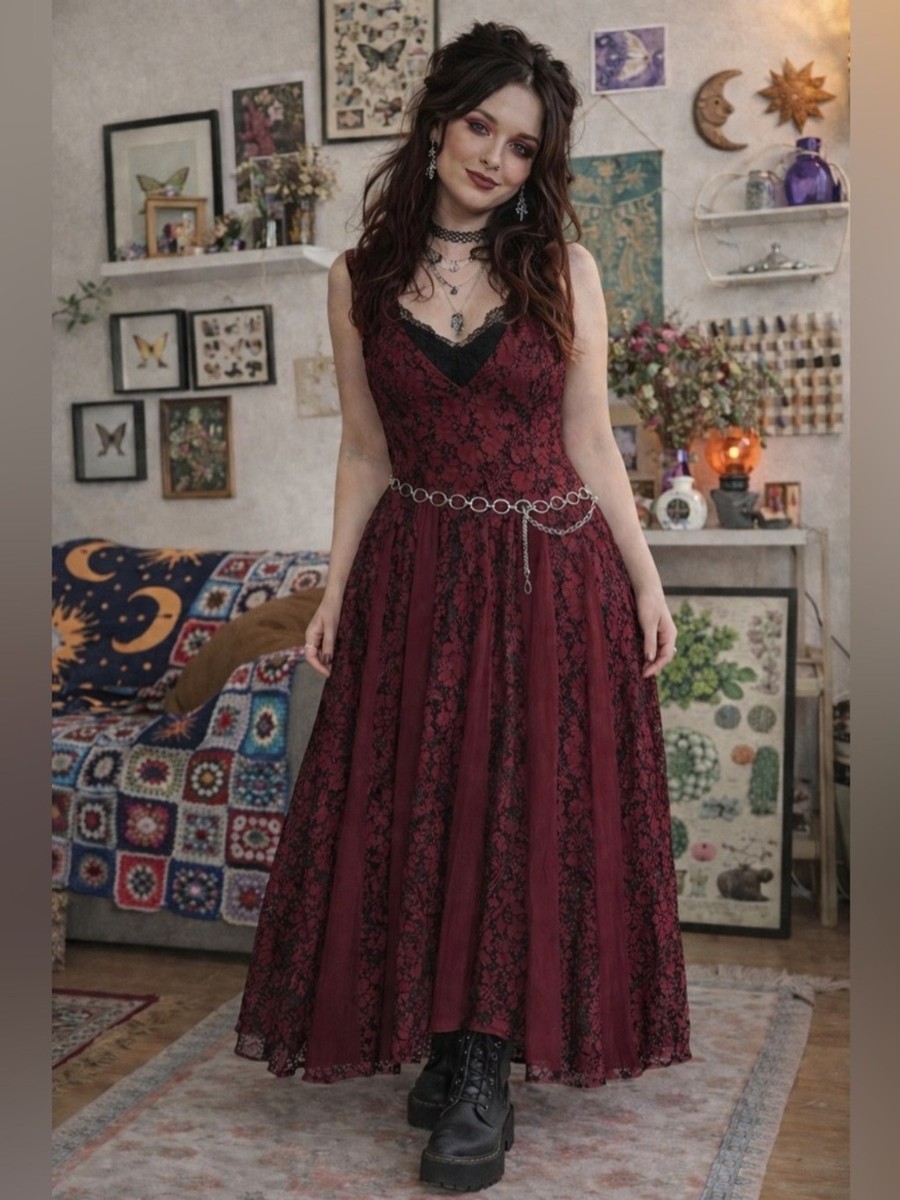 Vintage 90s Olivia Burgundy Lace Maxi Dress Whimsical Goth Boho Romantic M  | eBay