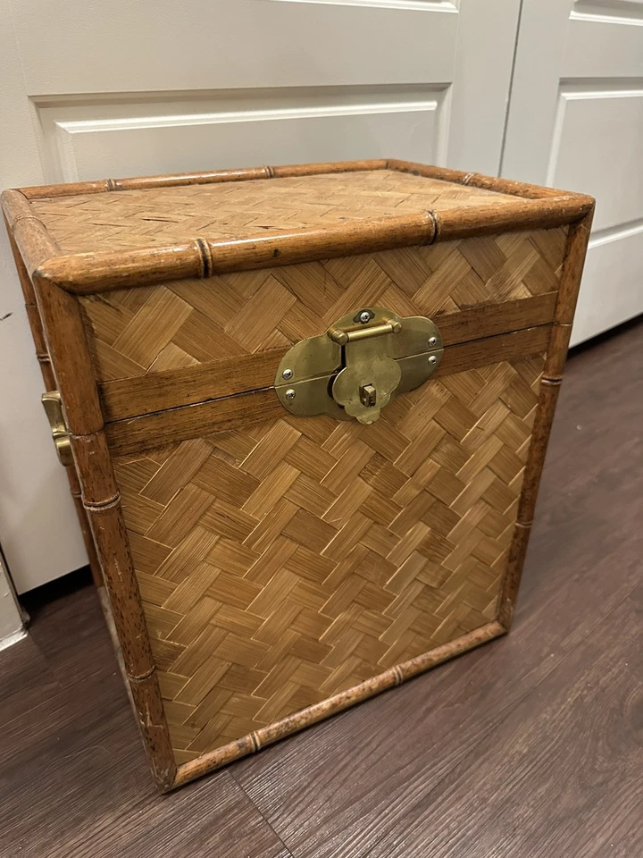 Vintage Bamboo & Brass Chest Trunk Box End Table-Wicker Storage-Boho-Cube-MCM - Image 2 of 4