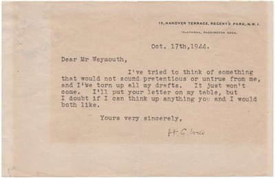 H.G. Wells - Typed Letter Signed - Has Writer's Block One Year Before His Death
