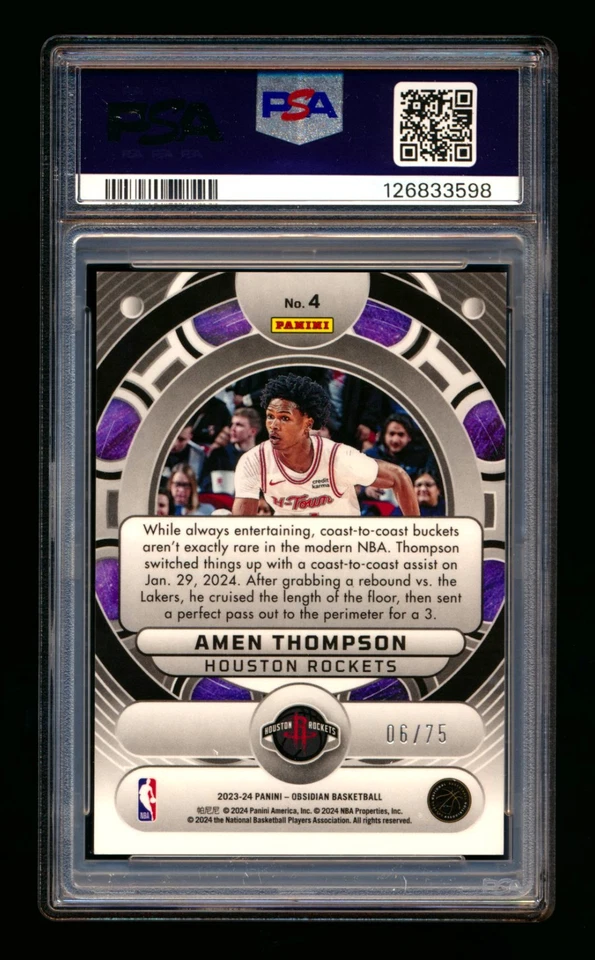 2023-24 OBSIDIAN AMEN THOMPSON RC ORANGE PRIZM ROCKETS RARE ROOKIE #06/75 PSA 9! - Image 2 of 2