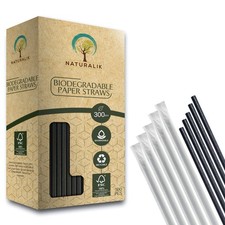 Naturalik 300-Pack Black Individually Wrapped Paper Straws - 100 Biodegradab...