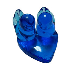 VINTAGE 1993 DOUBLE BLUEBIRD OF HAPPINESS LEO WARD SIGNED GLASS BLUE PAPERWEIGHT