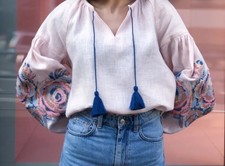 XL Pink Linen Ukrainian Embroidered Blouse/ Vyshyvanka vyshyvanka          