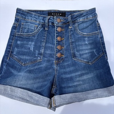 Risen Patch Pocket Roll Up Denim Shorts W-S Button Fly High Rise Stretch