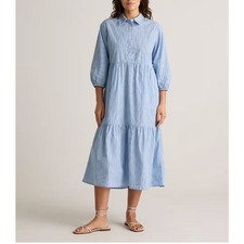 Quince 100% Organic Cotton Poplin Midi Tunic Dress Large Tribeca Stripe Blue