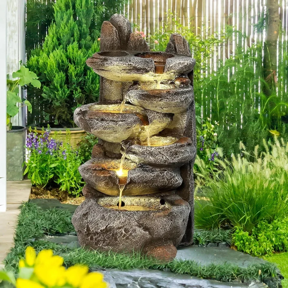Outdoor Water Fountain  LED Lights 6 Tier Patio Garden Faux Stone Waterfall SALE - Image 2 of 4