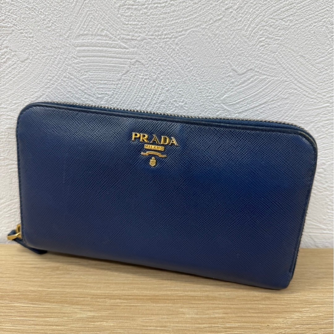 PRADA Saffiano Leather Long Wallet in Navy with Gold Logo - Good Condition