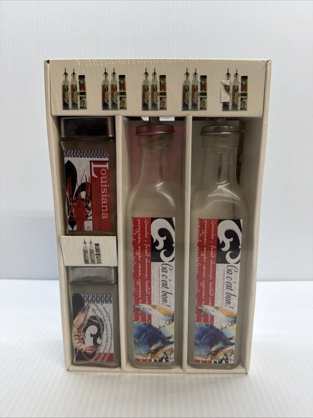 Louisiana Oil And Vinegar & 2 Shakers For Salt & Pepper French
