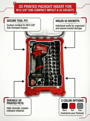 Milwaukee M12 3/8" FUEL Stubby Compact Impact PACKOUT Insert W/ Socket Organizer